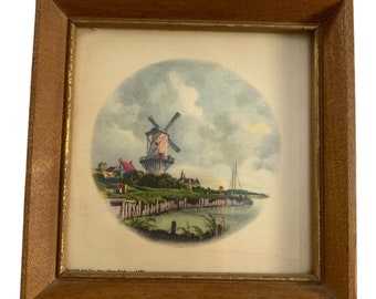 Vintage Miniature Donald Art Co Dutch Windmill Print 4.75&quot; Square Wood Frame Glass