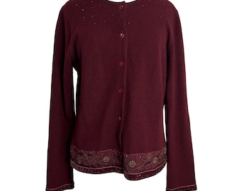 Vintage Laura Ashley Beaded Cardigan Sweater Womens Size Large Lambs Wool Button Front Red Maroon