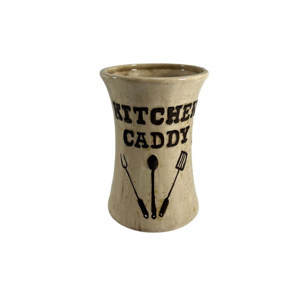 Vintage 1979 Kitchen Caddy Ceramic Utensil Crock Holder Ivory Brown Retro Decor