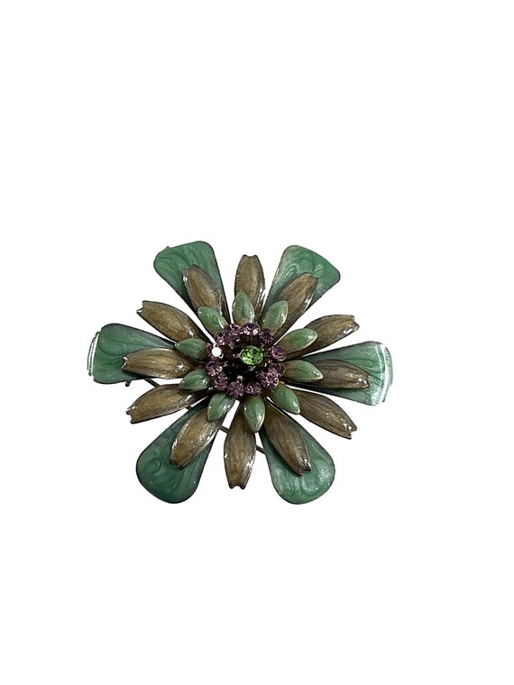 Vintage Flower Pin Brooch Green Metal Enamel Rhin… - image 1