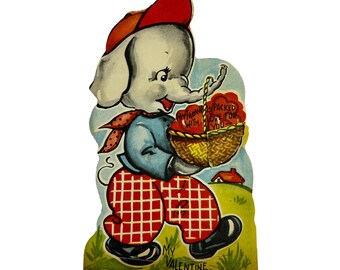 Vintage 1949 Valentines Greeting Card Elephant Honeycomb Basket Ephemera