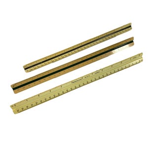 May include: Three yellow rulers with black markings. The rulers are 12 inches, 18 inches, and 36 inches long.