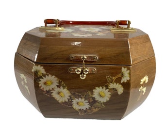 Vintage Decoupage Wood Box Brown Floral Daisies Felt Lined Mirror Octagon Shape