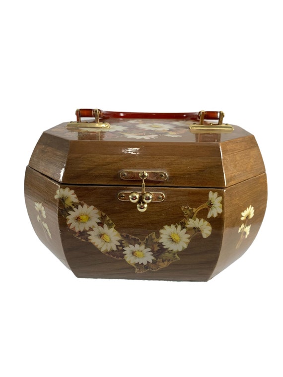 Vintage Decoupage Wood Box Brown Floral Daisies F… - image 1