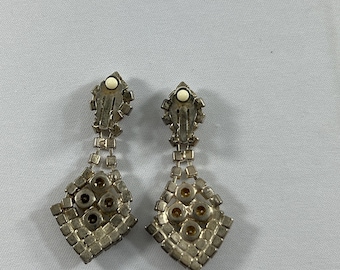 Vintage Silver Tone Rhinestones Dangle Drop Clip On Earrings Bridal Sparkle