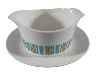 Vintage Harmony House Scandia 3907 Japan Gravy Dish Boat with Attached Underplate Retro Blue Green Stripe Mid Century Modern