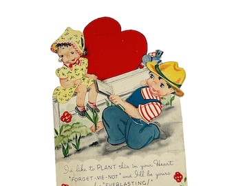 Vintage Mechanical Valentine Greeting Card Boy Girl Bonnet Hat Garden Americard USA Heart Ephemera