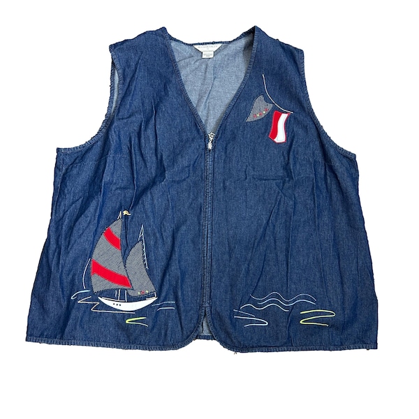 Vintage Allison Daley Womens Size 24W Denim Vest Sailboat Nautical Zip Front New Embroidered Patriotic