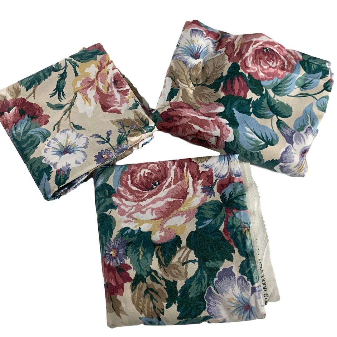 House N Home Fabrics Draperies 3 Pieces 2 Yards Each Floral Roses Pink Green Blue 1986 Preshrunk