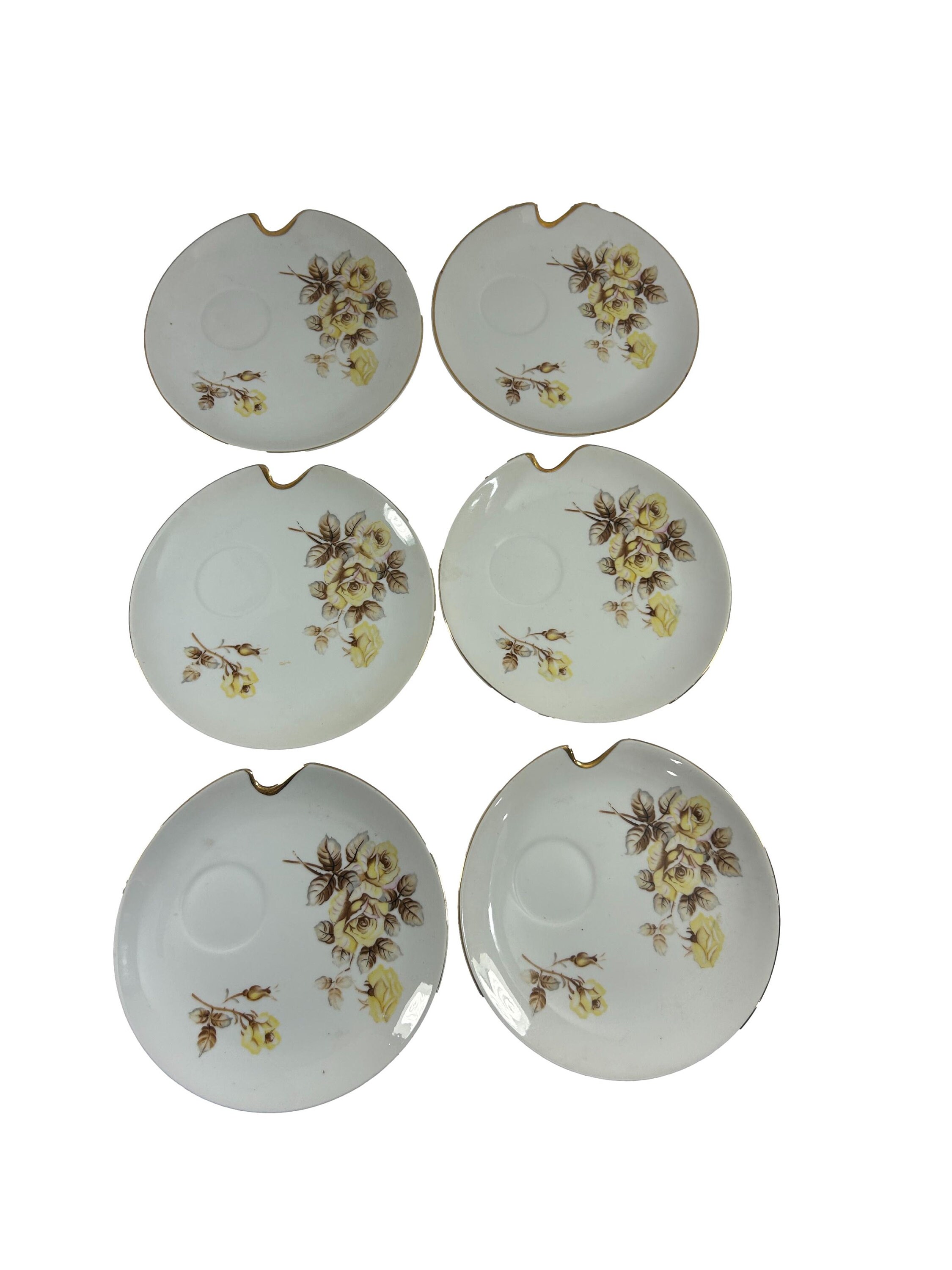 Vintage Set of 6 Lunch Snack Plates 8" NO Cups Yellow Rose Gold Edge Flowers