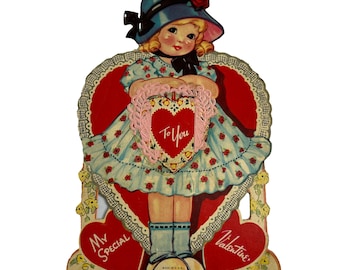 Vintage Die Cut Valentine Card Lace Blond Girl Hat Hearts Floral Dress Red USA Ephemera