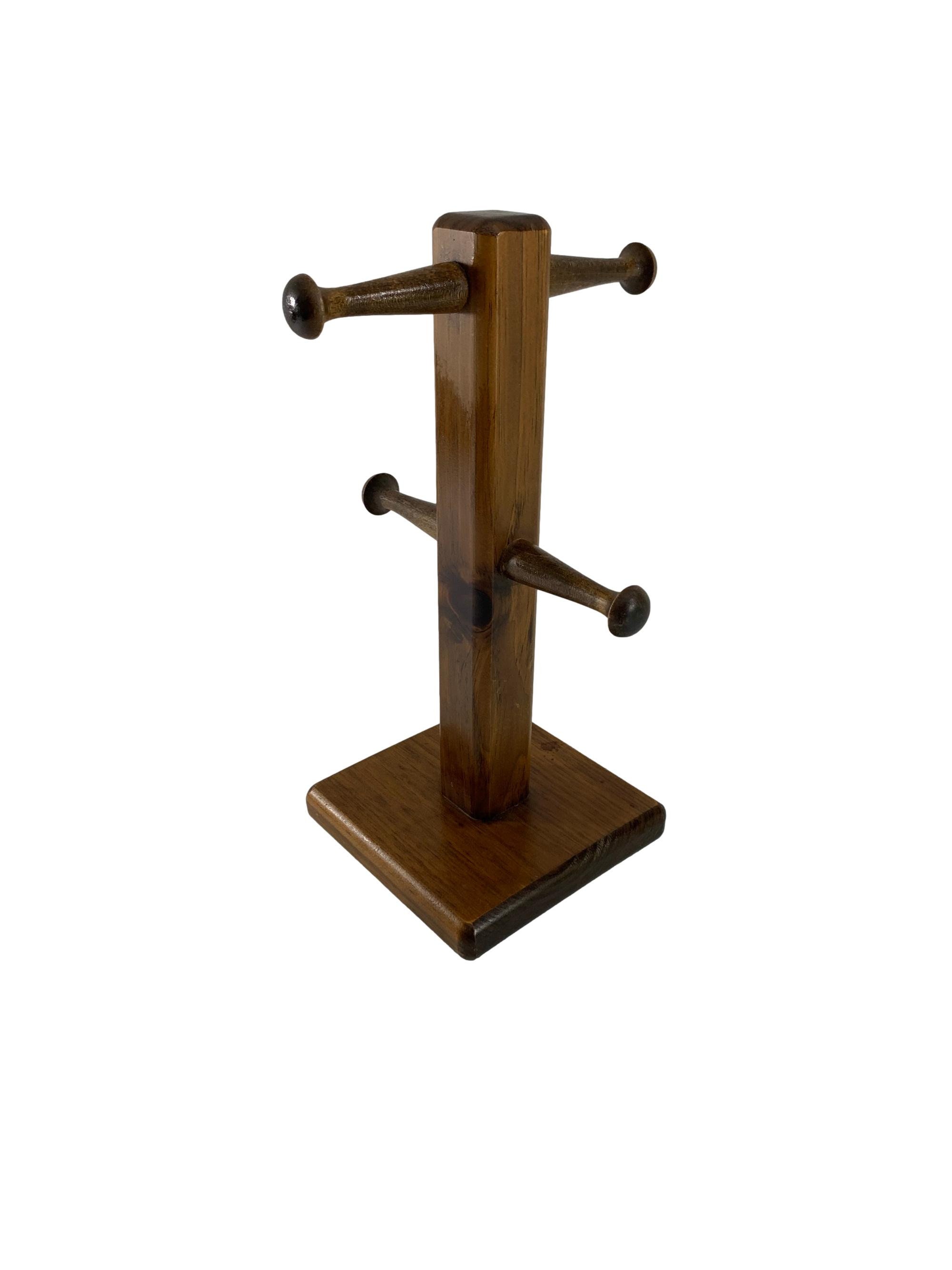 Dark Wood Coffee Mug Tree Rack Counter Top 4 Hooks Storage Etsy