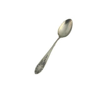 May include: A silver teaspoon with an ornate floral design on the handle.