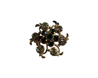 Vintage Gold Tone Rhinestone Brooch Green Clear Flower Pin Costume Jewelry