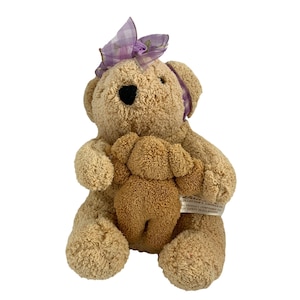May include: A brown plush teddy bear wearing a purple bow with a smaller brown plush teddy bear in its arms. The larger bear has a black nose and black eyes. The smaller bear has a brown nose and brown eyes. The bears are sitting on a white background.