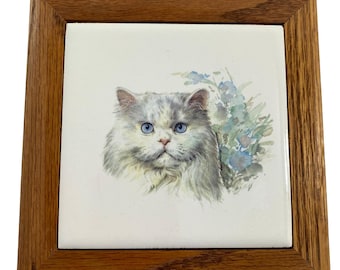 Vintage Ceramic Tile Wood Framed White Cat Trivet Wall Hanging Square Kitty Collectible USA