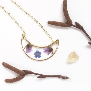 Pressed Flower Crescent Pendant, Forget Me Not and Purple Wildflowers, Gold Plated Chain, Natural Jewelry