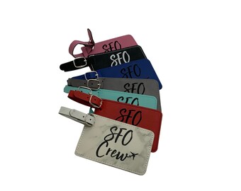 SFO, San Francisco, Airline Crew Base, Leather Luggage Tags for Flight Attendants, Personalized Bag Tag