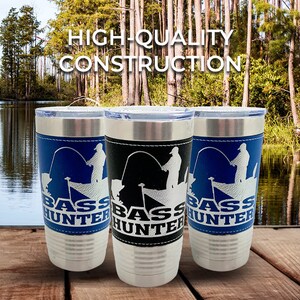 Bass Hunter Leather Wrapped Tumbler 20 Oz Stainless-Steel Vacuum Mug For Bass Fisherman