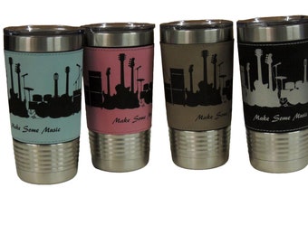 Rock Band Guitar Tumbler: Engraved Leather 20 Oz Insulated Cup