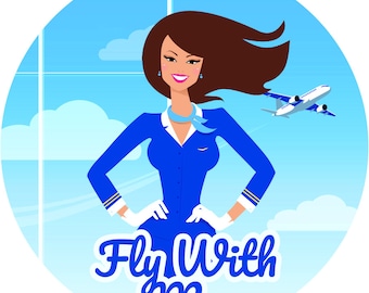 May include: A female flight attendant in a blue uniform with a white scarf and white gloves, smiling and standing with her arms crossed. The background is a blue sky with clouds and a white airplane flying in the distance. The text "Fly With Me" is written in a stylized font below the flight attendant.
