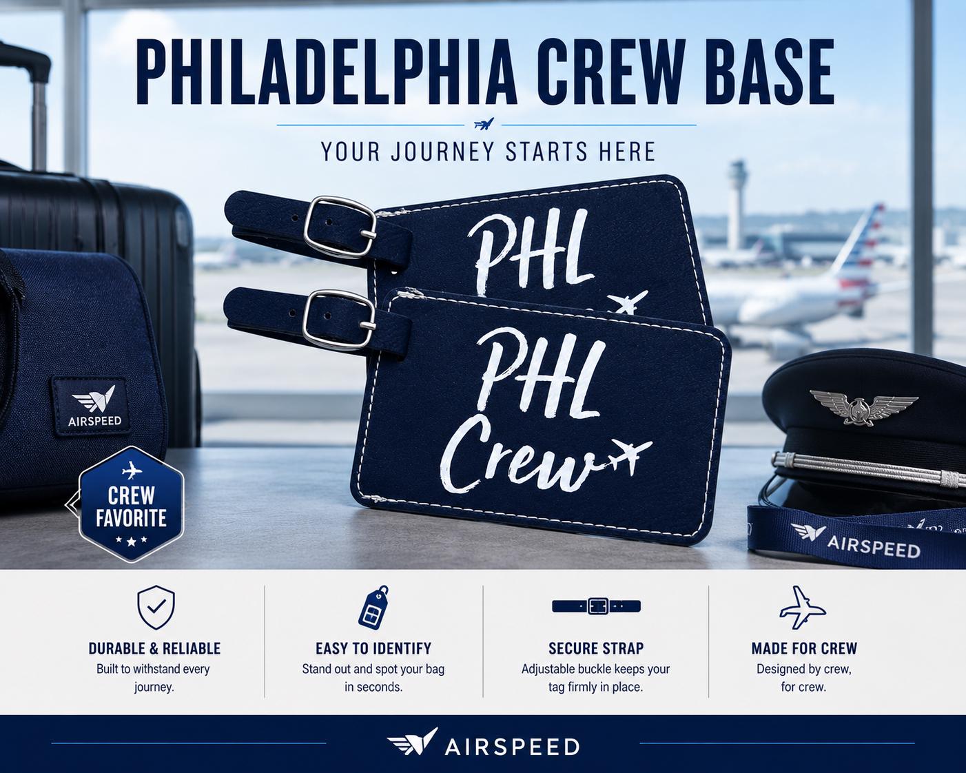 Philadelphia, PHL, Airline Crew Base Leather Luggage Tags for