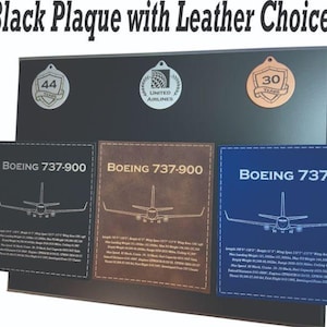 May include: A black plaque with three different leather choices for a Boeing 737-900 and a Boeing 737 airplane model. The leather choices are silver, brown, and blue. The plaque also includes two small metal medallions, one with the number 44 and the other with the words "United Airlines".