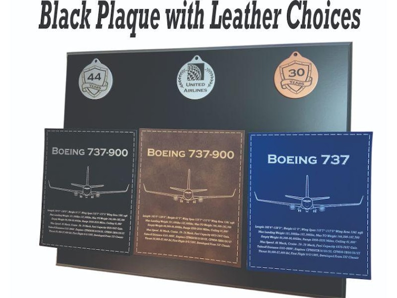 May include: A black plaque with three different leather choices for a Boeing 737-900 and a Boeing 737 airplane model. The leather choices are silver, brown, and blue. The plaque also includes two small metal medallions, one with the number 44 and the other with the words "United Airlines".