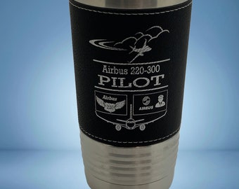 Airbus 220 Tumbler: Engraved Leather Aviation Coffee Cup