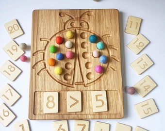 Montessori math Ladybug Math board 0-20 with set of numbers cards, birthday gift for kids, learning numbers and counting for ages 4+