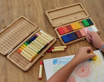 Stockmar Crayon Case Holder for 16 Sticks/16 blocks Waldorf Wooden Crayon Holder Gift for Kids Pencil Case Box Art Organizer Without Crayons
