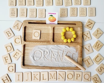 Montessori materials, read, write, create sand tray with letters cards, homeschool materials, educational, learning,preschool birthday gift