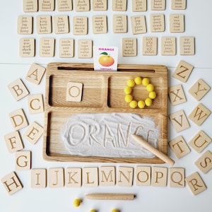 Montessori materials, read, write, create sand tray with letters cards, homeschool materials, educational, learning,preschool birthday gift