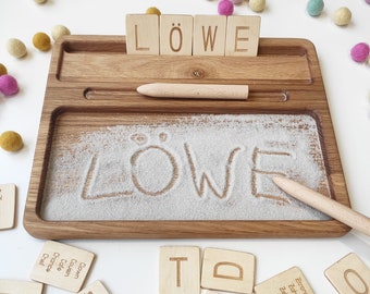 Montessori zandbak met Duitse letters kaarten, hoofdletters en kleine letters, homeschool Montessori educatief cadeau voor kinderen