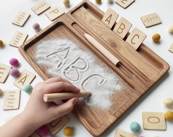 Montessori sand tray with German letters cards sensory toys homeschool educational wood spelling letters learning to write gift for kids