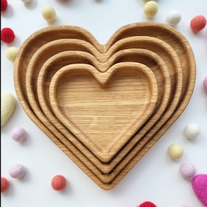 Valentines day gift wooden heart shaped trays sensory sorting tray jewelry tray, table decor wedding centerpiece, ring dish, snack plate