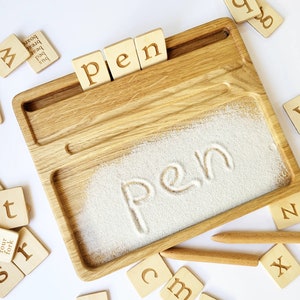 Montessorischrift Zandbak + Engelse kleine letters kaart Waldorf Alfabet voorschrift houten homeschooling schrijfbord kit zandtherapie