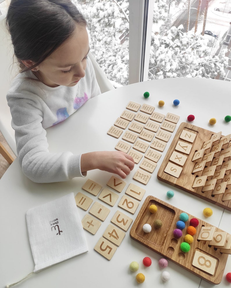 Gift box Learning and School Montessori Math Board 1-10 and Alphabet board with letters lowercase reversible cards learning gift image 2