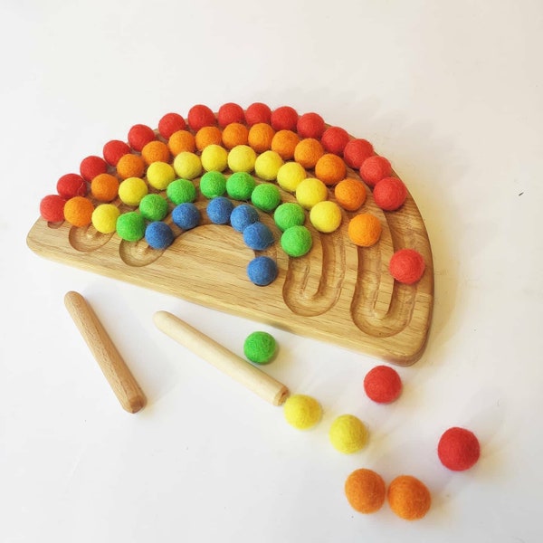 Rainbow tracing board with 5 stripes and rainbow felt balls, Montessori educational materials, birthday gift for kids, fine motor skills toy