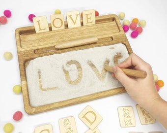 Gift for kids, Montessori materials, wooden sand tray with letters cards, homeschool materials, educational resource, learning and school