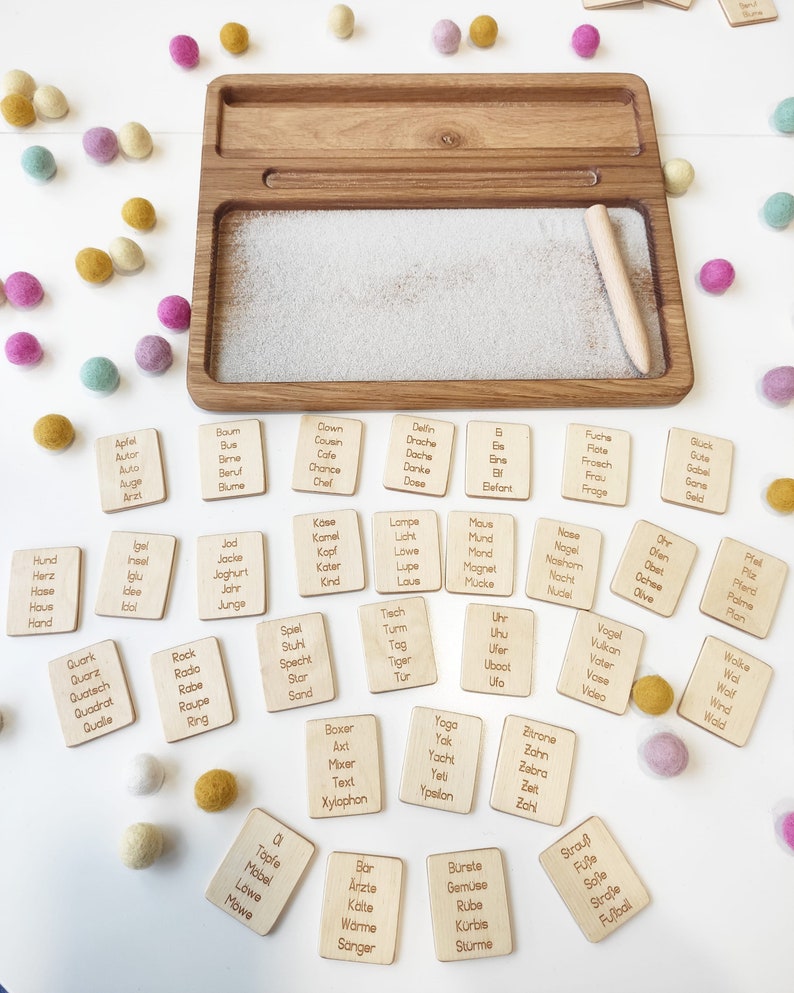 Montessori materials, wooden sand tray with German letters cards, homeschool, Montessori educational resource, Birthday gift for kids image 4