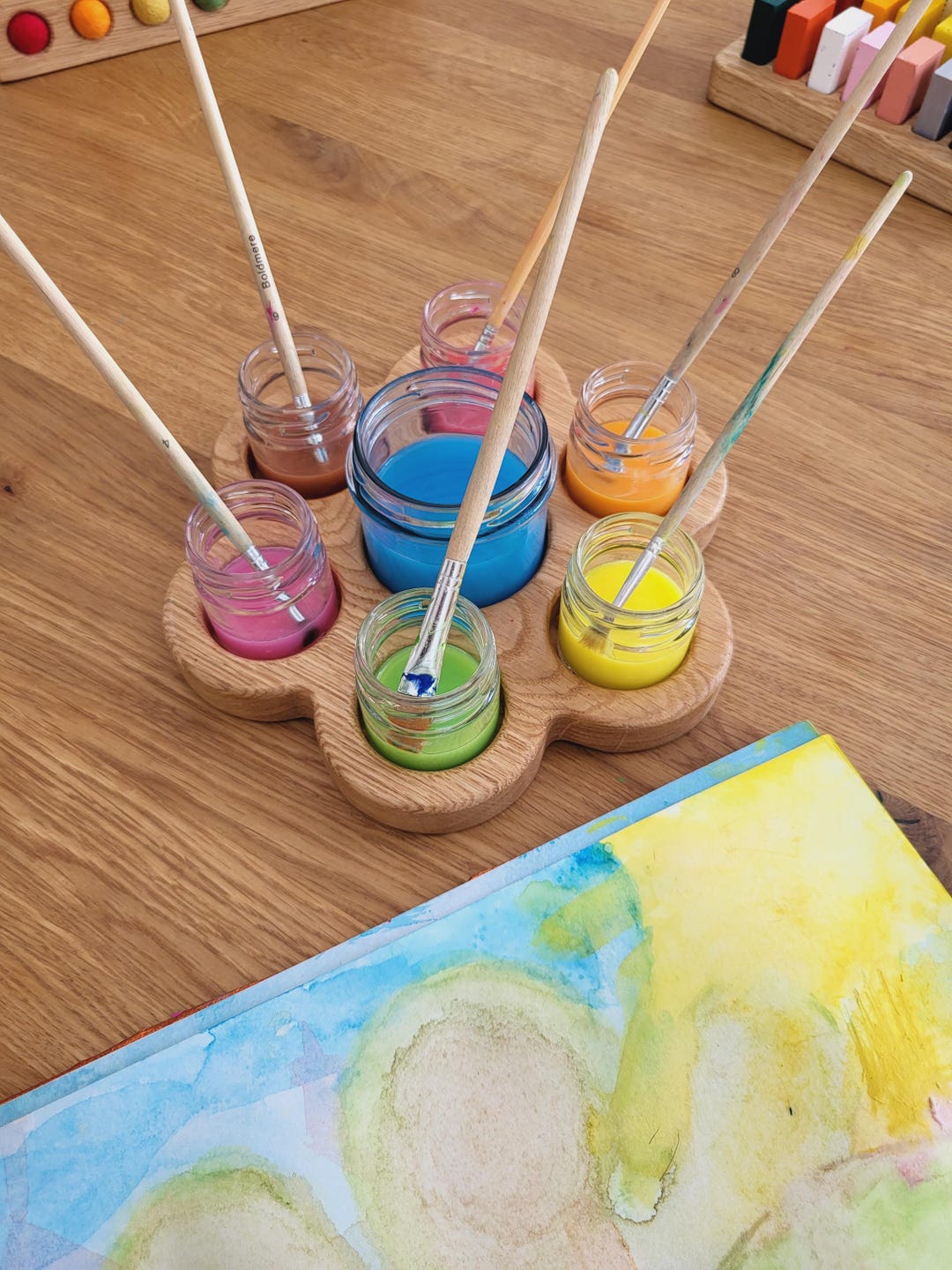 Waldorf Wooden Paint Jar Holder Brush Holder Watercolor Painting Tray
