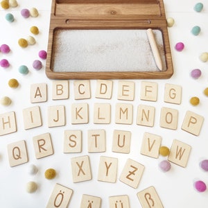 Montessori materials, wooden sand tray with German letters cards, homeschool, Montessori educational resource, Birthday gift for kids image 3