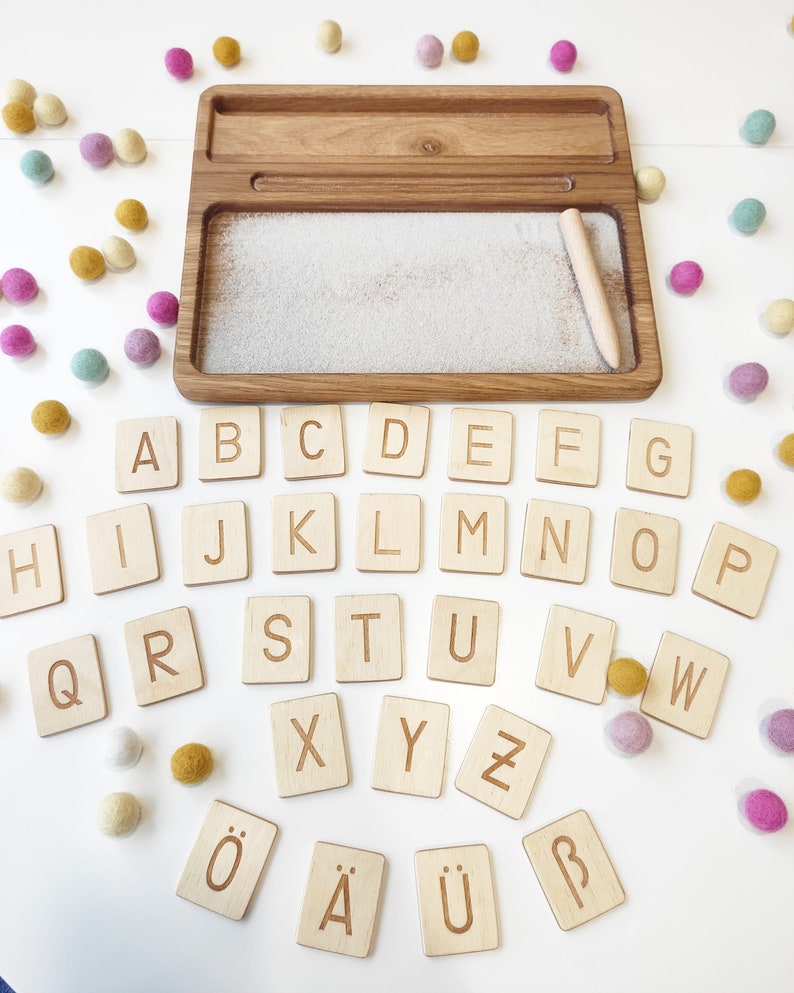 Montessori materials, wooden sand tray with German letters cards, homeschool, Montessori educational resource, Birthday gift for kids image 3