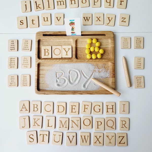 Montessori Materialien, lesen, schreiben, erstellen Sie Sandtablett mit Buchstaben Karten, homeschool Materialien, lehrreich, lernen, Vorschule, Kleinkind Geschenk