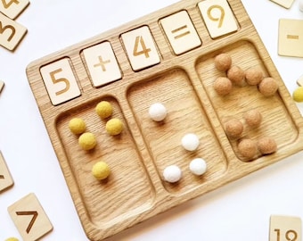 Montessori school math wooden board count with trays and numbers cards waldorf gift for kid learning number addition substaction for ages 4+
