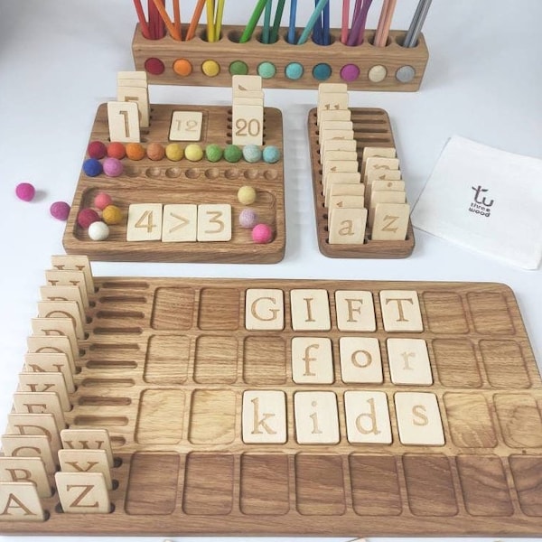 Geschenkdoos voor kinderen, set omkeerbaar wiskundebord met kaarten 1-20 alfabetbord potloodhouder Montessori educatief materiaal cadeau