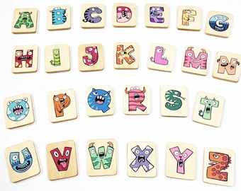 English Letters flash Cards with Monsters+ holder Uppercase letters cards Montessori  homeschool birthday gift for kids classroom
