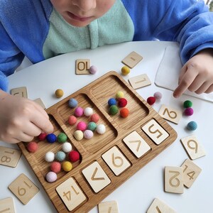 May include: Wooden educational toy with a tray, colorful felt balls, and wooden number tiles. The tray has compartments for sorting. Number tiles include the numbers 1, 2, 5, 6, 7, 9, 14, 18, and 19. The text "OL" is also visible.
