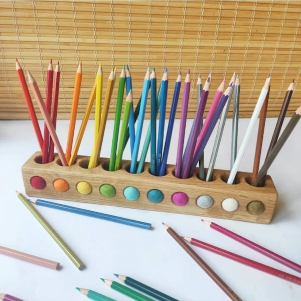 Handcrafted Wooden Desktop Pen Pencil Montessori Holder for Home Office School Rustic Wood Desk Organizer Waldorf Teacher Desk Supplies Gift